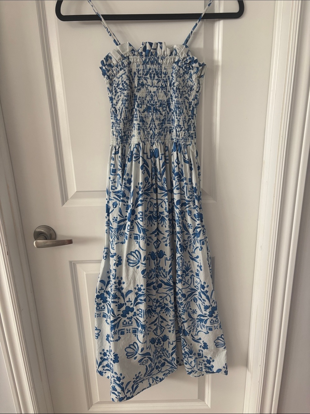 H&M White and Blue Floral Smocked Dress